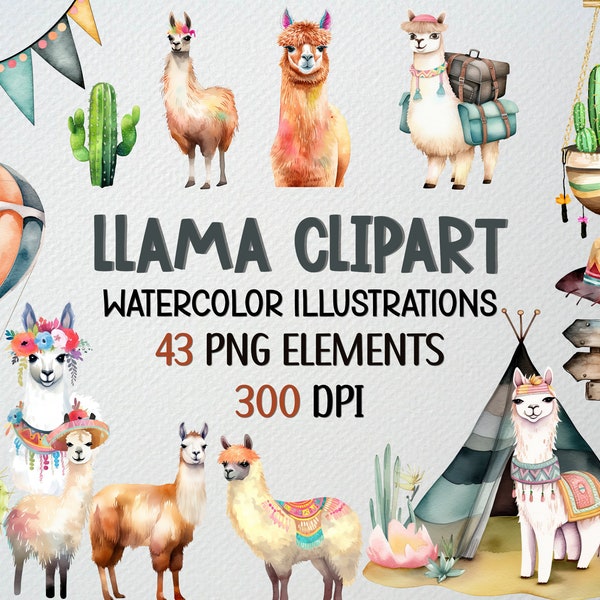 Llama Clipart, Hand Drawn Watercolor Llama Clipart Set of 43 PNG Files, Alpaca Clipart, Cactus Clipart - Cute Llama PNG, Party Llama Art PNG