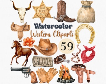 Set di clipart western ad acquerello: cowboy, cactus, rodeo (59 PNG) (Download digitale)