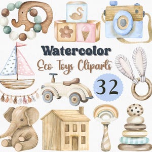 Watercolor Eco Toys Clipart Set: Montessori Nursery Art (32 PNG Files)