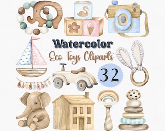 Set di clipart di giocattoli ecologici ad acquerello: arte per la scuola materna Montessori (32 file PNG)