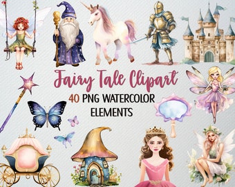 Watercolor Fairy Tale Clipart: Princess, Unicorn, Castle (40 PNG)