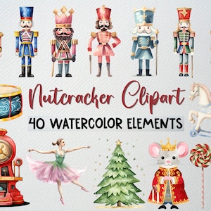 Conjunto de clipart de quebra-nozes em aquarela com 40 arquivos PNG, clipart de Natal, clipart de feriado, decoração de Natal, clipart de inverno, LICENÇA COMERCIAL