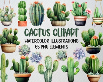 Watercolor Cactus Clipart Set: 65 PNG Botanical Illustrations (Digital Download)
