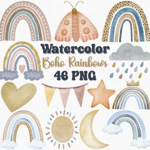 Watercolor Boho Rainbow Clipart Set: Pastel Nursery Art (46 PNG)