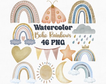 Watercolor Boho Rainbow Clipart Set: Pastel Nursery Art (46 PNG)