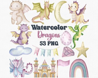 Set di clipart di draghi acquerellati, PNG fantasy (download digitale)