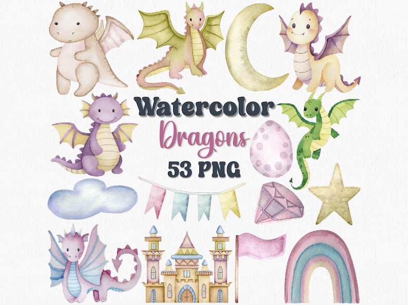 Watercolor Dragon Clipart Set, Fantasy Dragon Art, Baby & Cute Dragon ...
