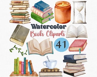 Watercolor Book Clipart Set: Reading, Library Illustrations (41 PNG) (Digital Download)
