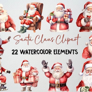 Watercolor Santa Claus Clipart Set: 22 Festive PNG Images (Commercial License)