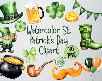 Watercolor St. Patrick's Day Clipart Set: Shamrock, Clover, Leprechaun (30 PNG Files)