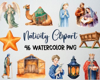 Watercolor Nativity Clipart Set: 46 PNG Files, Commercial License (Digital Download)