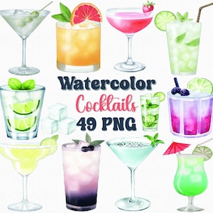 Watercolor Cocktail Clipart Set - 49 PNGs, Martini, Margarita, Mojito, Party, Summer Drinks, Wedding, Bar, Menu Graphics, COMMERCIAL LICENSE