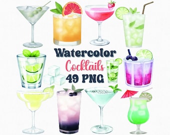Watercolor Cocktail Clipart Set: 49 PNG Summer Drink Graphics (Commercial License)