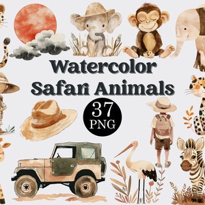 Watercolor Safari Animals Clipart Set Of 37 PNG Files, Jungle Animals Clipart, Safari Baby Shower, Cute Safari Animals, COMMERCIAL LICENSE