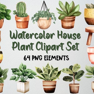 Conjunto de 64 imágenes PNG de plantas de interior en acuarela, imágenes de decoración del hogar, imágenes de plantas de interior, imágenes de vegetación y imágenes de plantas en maceta.