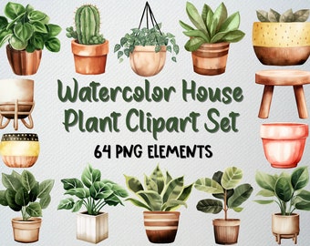 Watercolor House Plant Clipart Set: 64 PNG Files (Digital Download)
