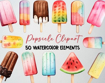 Watercolor Popsicle Clipart Set: 50 Summer Dessert PNG Graphics (Digital Download)