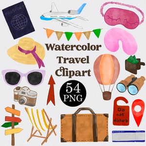 Conjunto de 54 imágenes prediseñadas de viajes en acuarela: imágenes prediseñadas de vacaciones, imágenes prediseñadas de aventuras, imágenes prediseñadas de vacaciones, imágenes prediseñadas de aviones, licencia comercial