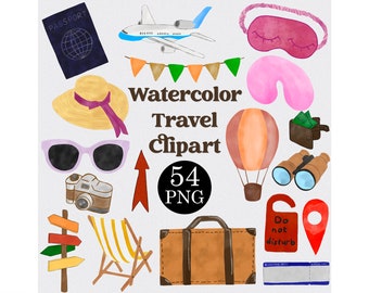 Conjunto de imágenes prediseñadas de viajes en acuarela: 54 archivos PNG, uso comercial