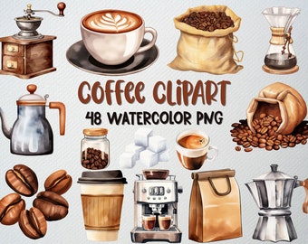 Watercolor Coffee Clipart Set: 48 PNG Files, Commercial License (Digital Download)