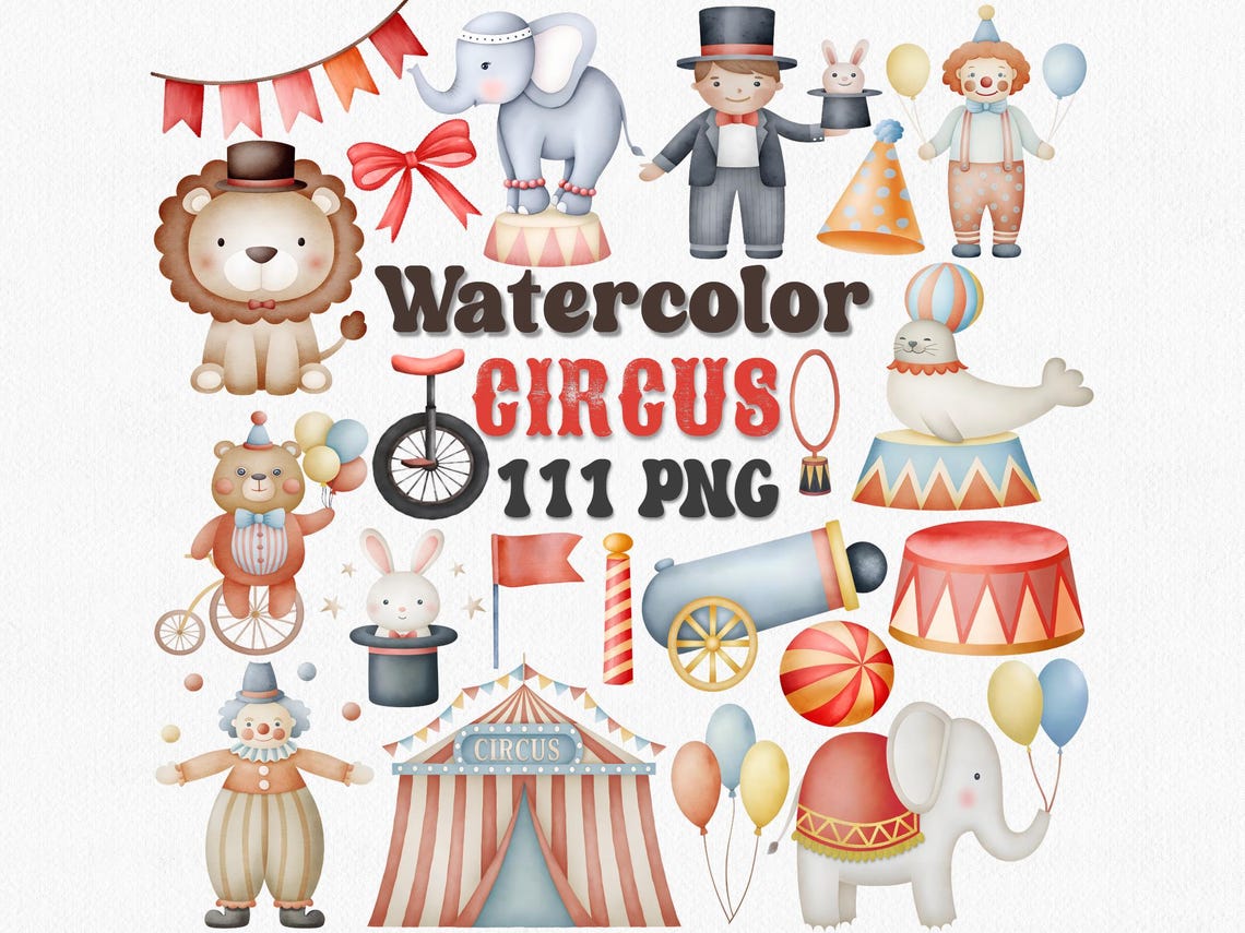 Watercolor Circus Clipart Set: 111 Carnival PNG Graphics (digital ...