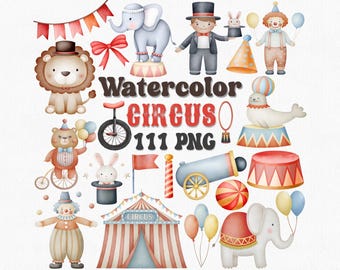 Watercolor Circus Clipart Set: 111 Carnival PNG Graphics (Digital Download)