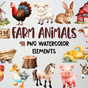 Watercolor Farm Animals Clipart: 48 PNG Graphics (Commercial License)