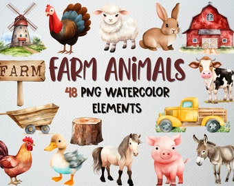 Watercolor Farm Animals Clipart: 48 PNG Graphics (Commercial License)