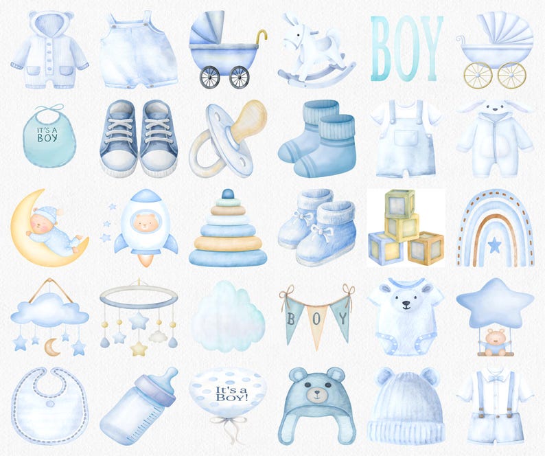 Watercolor Baby Boy Clipart Set: 95 PNG Images, Blue Nursery Art ...