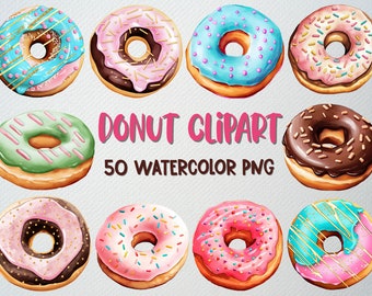 Watercolor Donut Clipart Set Of 50 PNG Files, Doughnut Clipart, Sweets Clipart, Breakfast Clipart, Baking Clipart, COMMERCIAL LICENSE