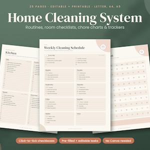 May include: A digital home cleaning system document set featuring 25 pages of editable and printable routines, room checklists, chore charts, and trackers in A4, A5, and letter sizes with pre-filled tasks and click-to-tick checkboxes.