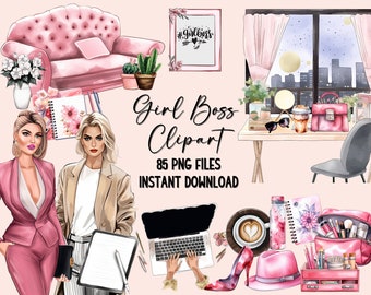 Girl Boss Watercolor Clipart: Fashion & Office Illustration Set (85 PNG)