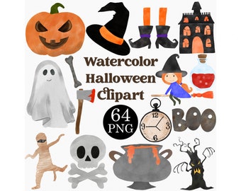 Akvarell Halloween Clipart Set: 64 PNG-filer, kommersiellt bruk