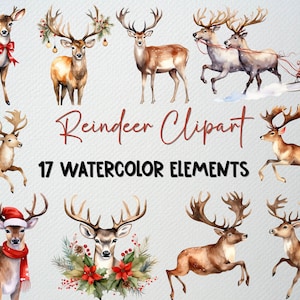 Aquarell Rentier Clipart-Set mit 17 PNG-Dateien, Weihnachtscliparts, Rentier Png, Urlaub Clipart, Winter Clipart, KOMMERZIELLE LIZENZ