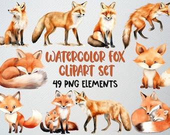 Aquarell Fuchs Clipart Set: 49 PNG-Dateien, kommerzielle Nutzung