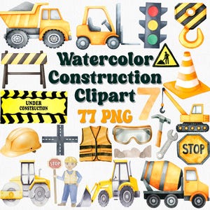 Conjunto de clipart de construção em aquarela, PNG de construção, escavadeira, caminhão basculante, escavadeira, guindaste, aniversário de meninos, chá de bebê, arte de berçário