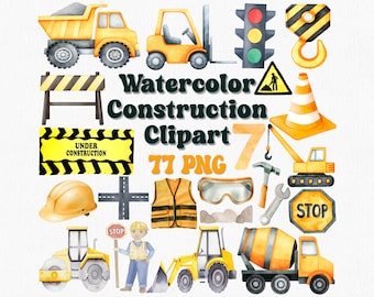 Set di clipart di costruzioni ad acquerello: camion, numeri (download digitale PNG)