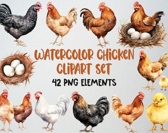 Clipartset aquarel kip: boerderijdieren png-afbeeldingen (commerciële licentie)