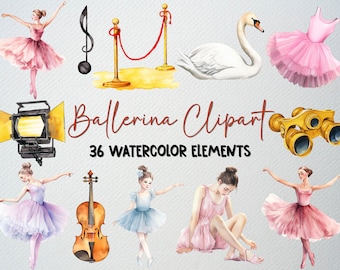 Watercolor Ballerina Clipart Set Of 36 PNG Files, Ballet Clipart, Tutu Clipart, Swan Clipart, Ballerina Girl Clipart, COMMERCIAL LICENSE