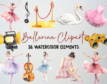 Watercolor Ballerina Clipart Set: 36 PNG Ballet Graphics (Commercial License)