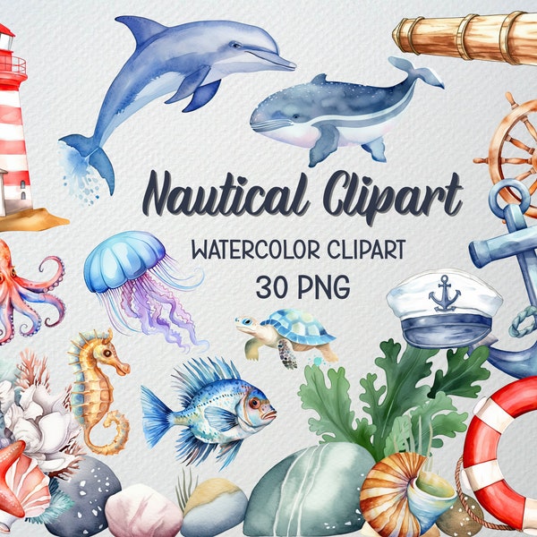 Watercolor Nautical Clipart Set, 30 PNG, Marine Clipart, Ocean Sea Underwater Clipart, Fish Clipart, Sailor Clipart, Instant Download