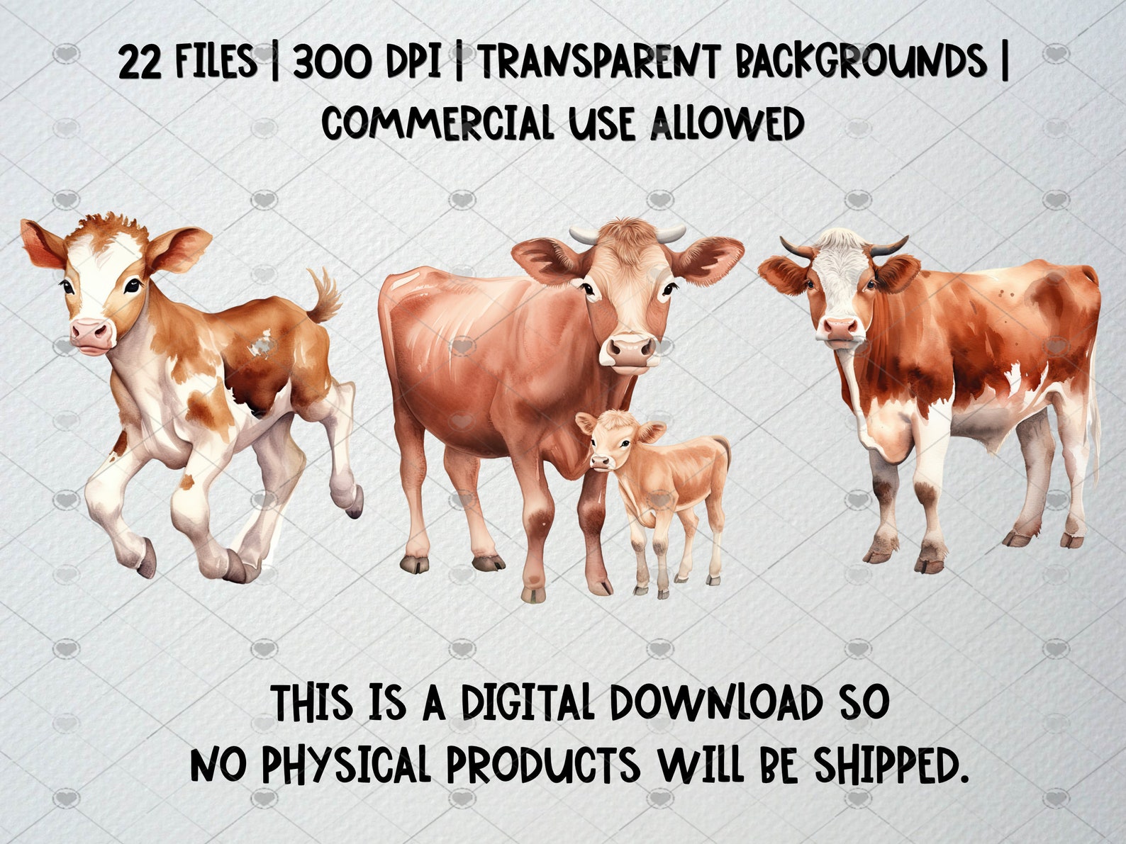 Watercolor Cow Clipart Set of 22 PNG Files, Cow Illustration, Baby Cow ...