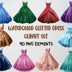 Op de afbeelding: Set van 10 aquarel glitterjurk illustraties. De jurken zijn in verschillende kleuren, waaronder blauw, groen, rood, paars, bruin, roze en teal. Elke jurk heeft een glinsterende, glitterende textuur. De jurken zijn perfect voor het maken van uitnodigingen, kaarten en andere digitale ontwerpen.