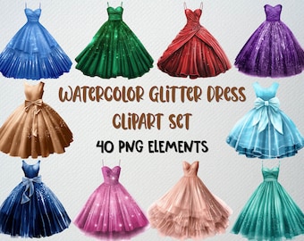 Watercolor Glitter Dress Clipart Set: 40 PNG Files (Commercial License)