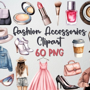 Aquarel modeaccessoires clipart set van 60 png-bestanden, mode meisje clipart, make-up clipart, mode dame png, commerciële licentie