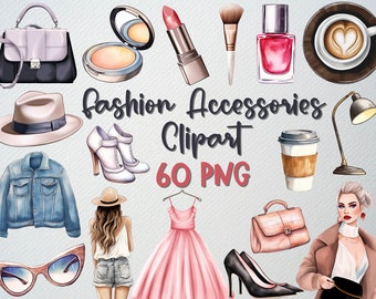Watercolor Fashion Accessories Clipart: 60 PNG Files (Commercial License)