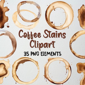 Conjunto de 35 imágenes prediseñadas de manchas de café en acuarela (PNG), imágenes prediseñadas de anillos de café, imágenes prediseñadas de salpicaduras de café, imágenes prediseñadas de salpicaduras de café, licencia comercial