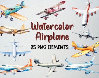 Aquarell Flugzeug Clipart Set: 25 PNG Transport Illustrationen (Digitaler Download)