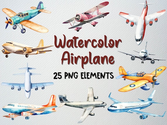 Watercolor Airplane Clipart Set: 25 PNG Transport Illustrations (Digital Download)