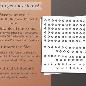 May include: A guide on how to download and use a set of social media icons. The guide includes four steps: place your order, download the icons, unpack the files, and edit and customize. The icons are shown in a grid on a white background.